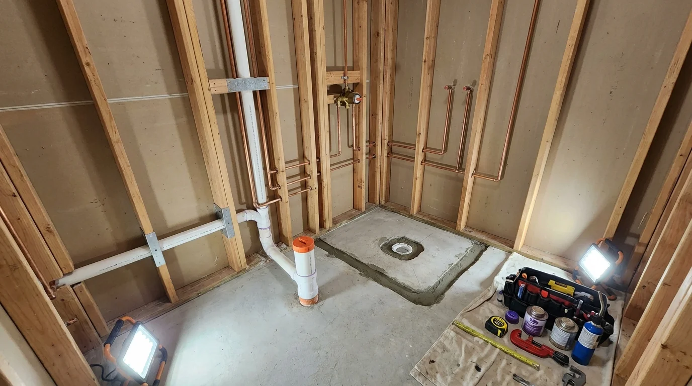 Bathroom rough-in plumbing during remodel by Johns Plumbing LLC in Demorest