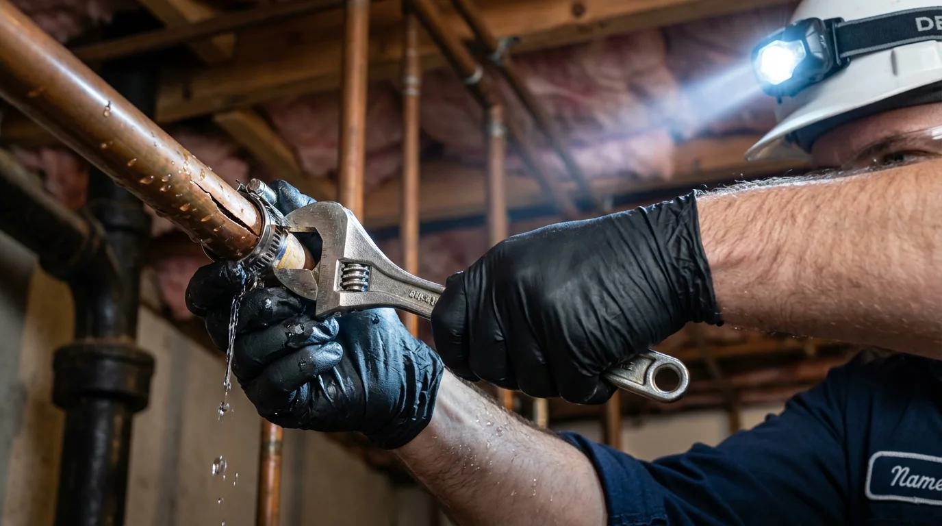 Emergency pipe clamp repair being performed by a Johns Plumbing LLC plumber in Demorest