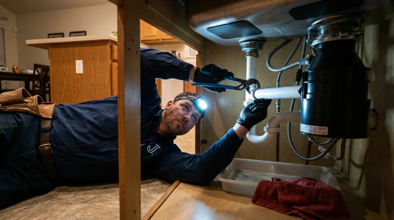 P-trap and supply line connections under a kitchen sink showing a common leak point in Demorest, GA